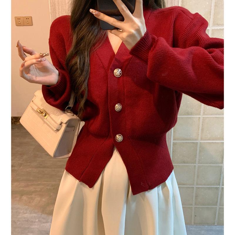 Маленький французский ароматный кардиган, женский свитер с аурой и v-образным вырезом, куртка с длинными рукавами, элитный свитер с чувством талии, женский топ