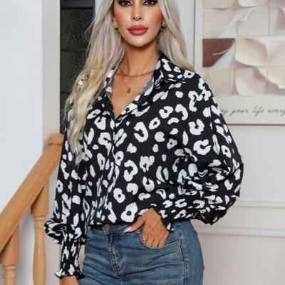Весенне-осенняя женская рубашка с леопардовым принтом и рукавами-фонариками, блузка с длинными рукавами