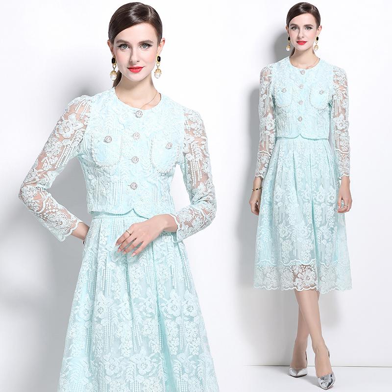 Женский комплект из двух предметов с цветочной вышивкой, женский костюм, элегантная рубашка с длинным рукавом, юбка средней длины, комплект из 2 предметов