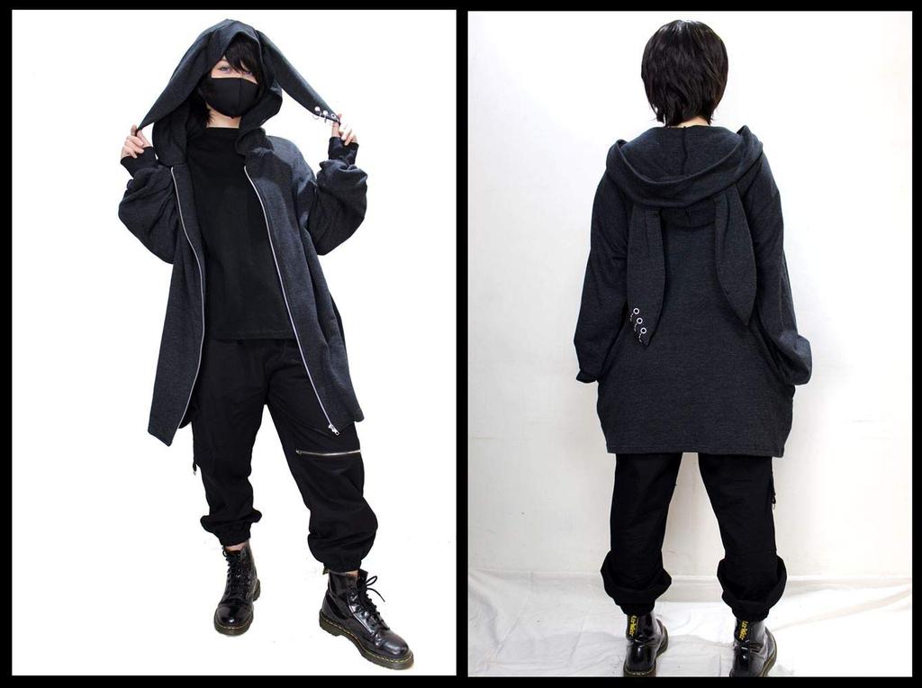 Худи ROSEATE с кроличьими ушками и пирсингом, мягкое, длинное, сделано в и кроличьи ушки, худи на молнии, легкое, длина, Япония, мужское, женское, (черный)