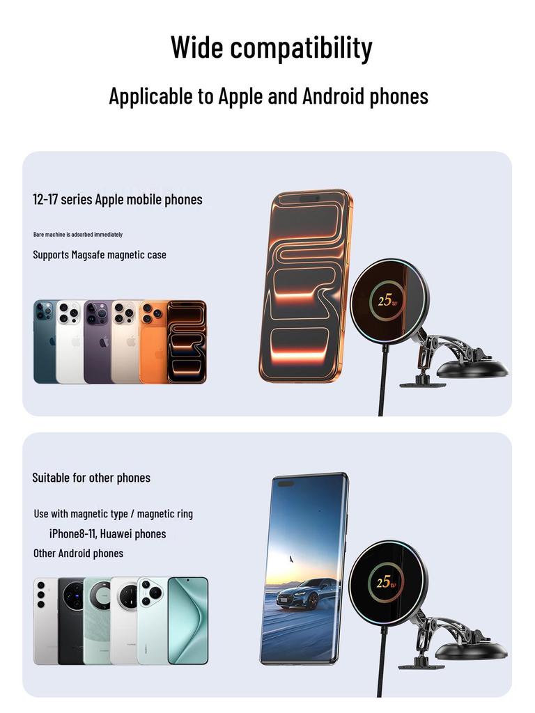 25W Magnetic Car Phone Holder with Wireless Charging and Suction Cup Mount