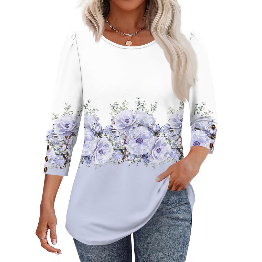 Женская мода Повседневная Винтажная Футболка Топ с круглым вырезом и рукавом в семь сложений с цветочным принтом