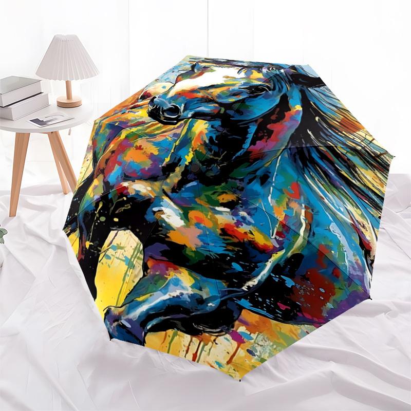 1pc Colorful Horse Abstract Artwork Automatic Open/Close Umbrella, Portable Folding Umbrella for Travel, Themed Events069