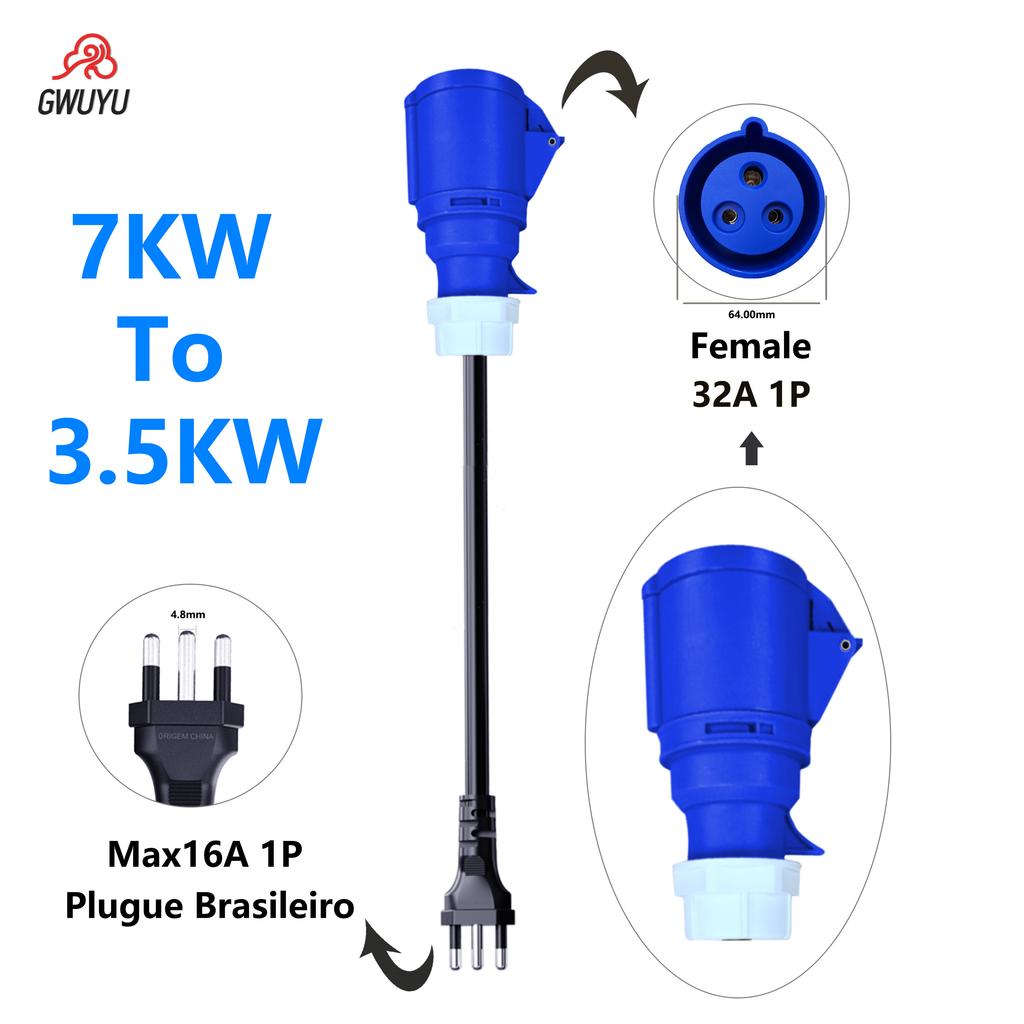 GWUYU Portable EV Charger Blue/Red Brazilian Plug Adapter 7 kW to 3.5 kW 11 kW to 3.5 kW Custom Home Charging Plug