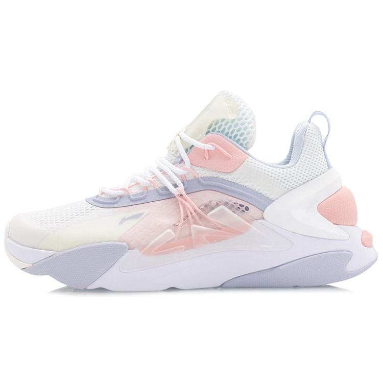Li Ning Обувь спортивная повседневная с амортизацией Fire, противоскользящая, износостойкая, низкая посадка, женская, бело-розовая AGLQ058-2