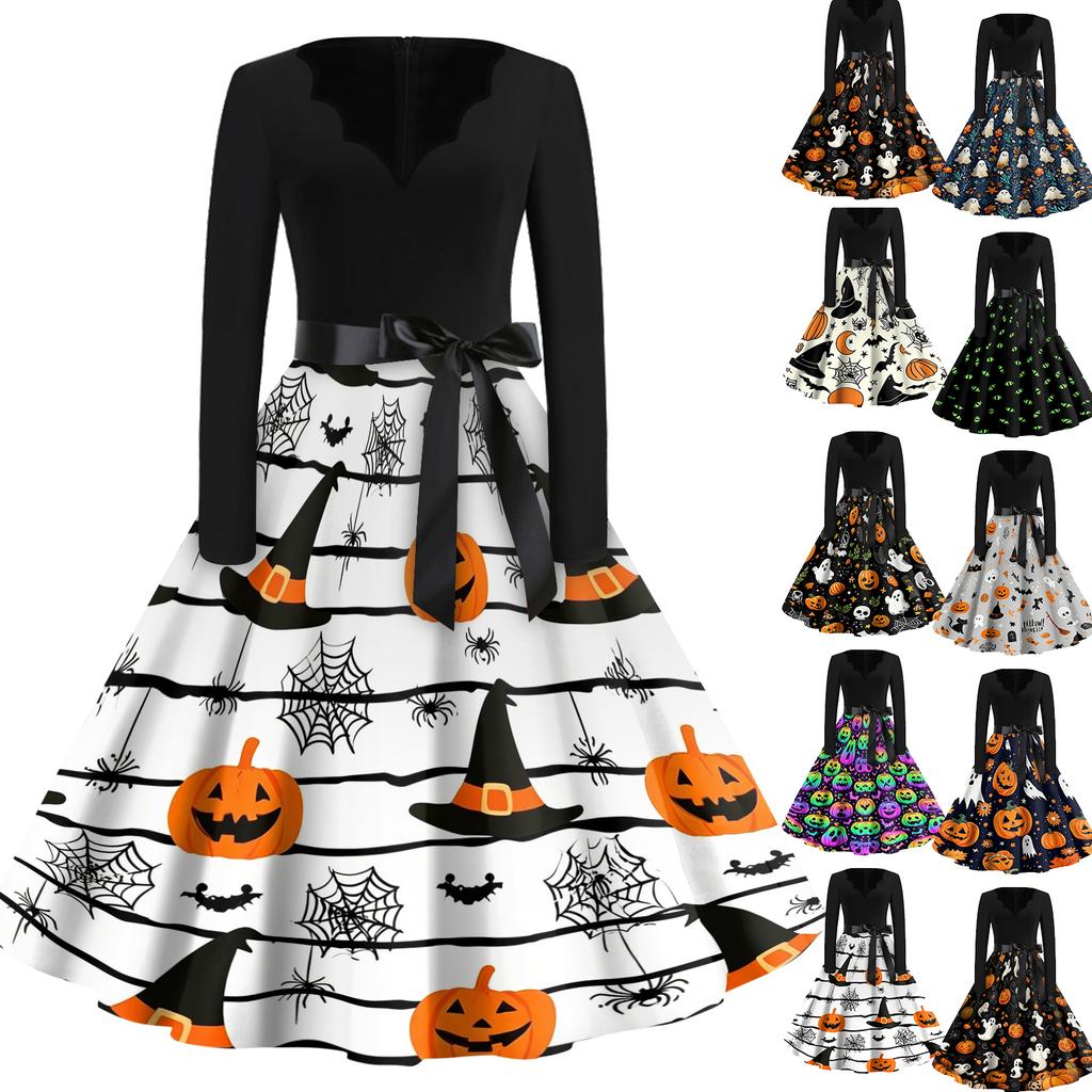 Womens Casual Halloween Print V Neck Vintage Dress Long Sleeve A Line Retro Style Midi Dress with Waist Tie