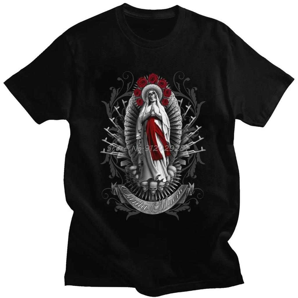 Модная мужская футболка Santa Muerte с короткими рукавами из хлопка в готическом стиле, футболка Lady of Holy Death, футболка с мексиканским черепом, одежда