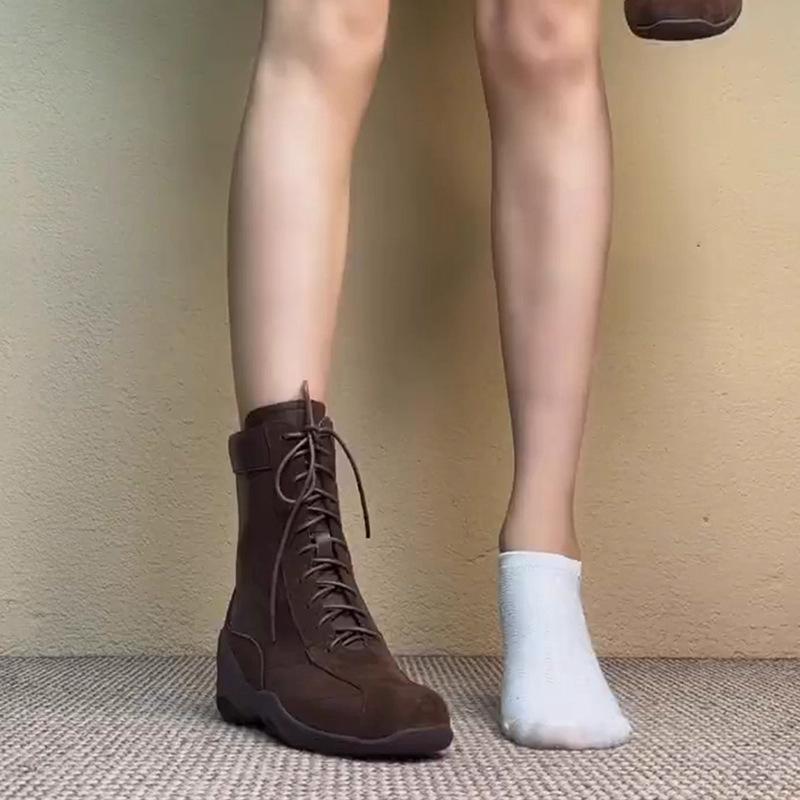 Ruoji Leather Martin Boots Women's 2025 New Retro Style Brown Suede Side Zipper Muffin Bottom Strap Boxing Boots