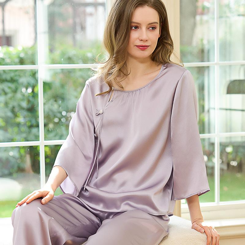 100% Mulberry Silk Simple Chinese Style Buckle Home Suit Set for Women