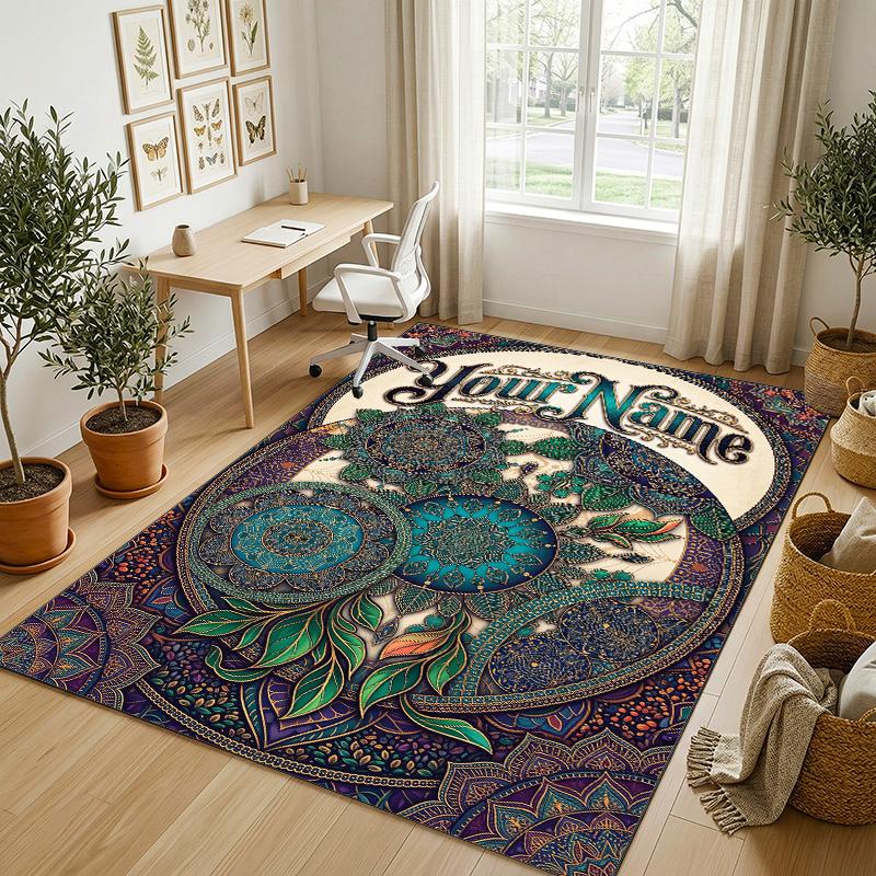 Bohemian Mandala Theme Soft Crystal Velvet Rug Custom Name & Text Print Non Slip Floor Rug for Bedroom Living Room