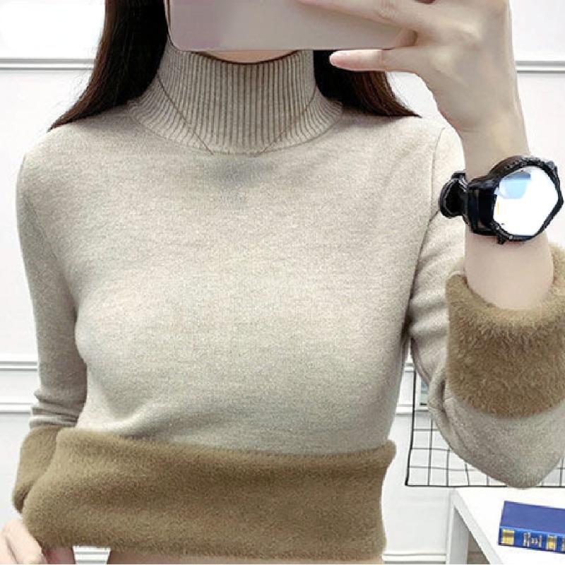 Корейский теплый свитер, пуловер, женский зимний тонкий утепленный плюшевый трикотаж на бархатной подкладке, джемпер, полуводолазка, поляры, мягкие вязаные топы