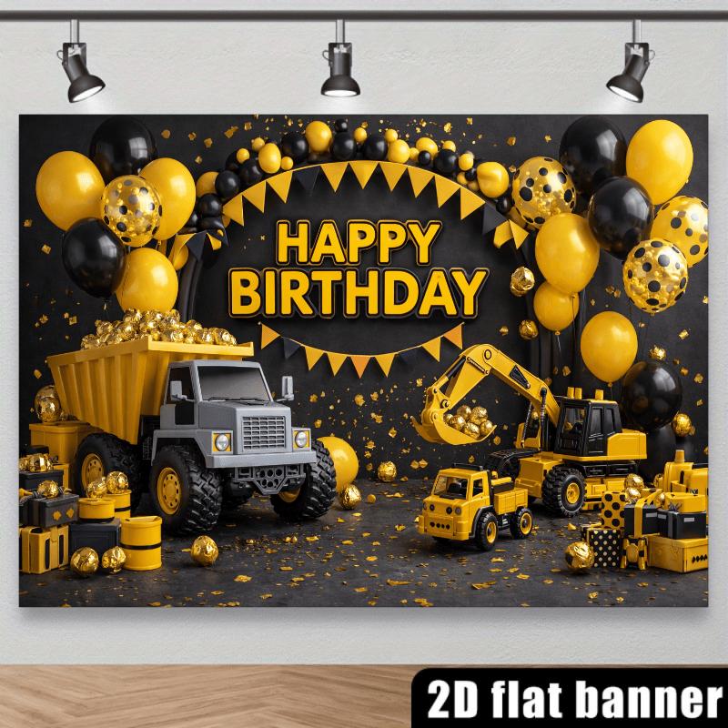 2D Flat Banner for Birthday Party Background - Engineering Vehicle Theme, Including Dump Trucks