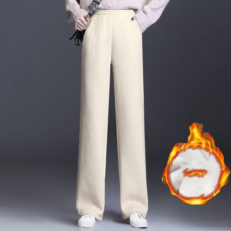 Fleecing Plush Thick Warm Letter Stripes High Waist Corduroy Straight OL Wide Leg Long Pant Women Winter Casual Trouser Clothing