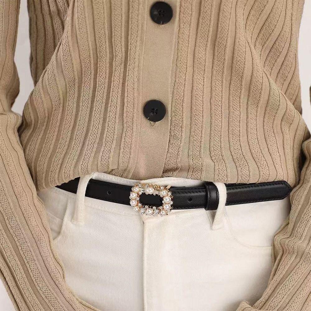 Rhinestone Pearl Decorated Women's Waist Belt Single Circle Pin Buckle Black White Waistband Thin Waist Strap Dress Accessory