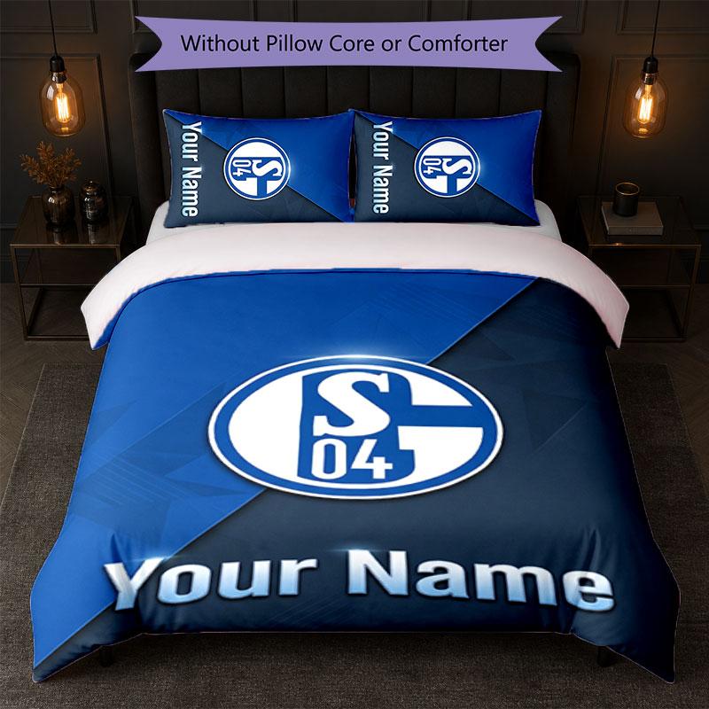 Schalke 04 FC Custom Name Text Bedding Set 1 Duvet Cover+2 Pillowcases Soccer Logo Personalized Gift For Special Occasion Bedroom Decor