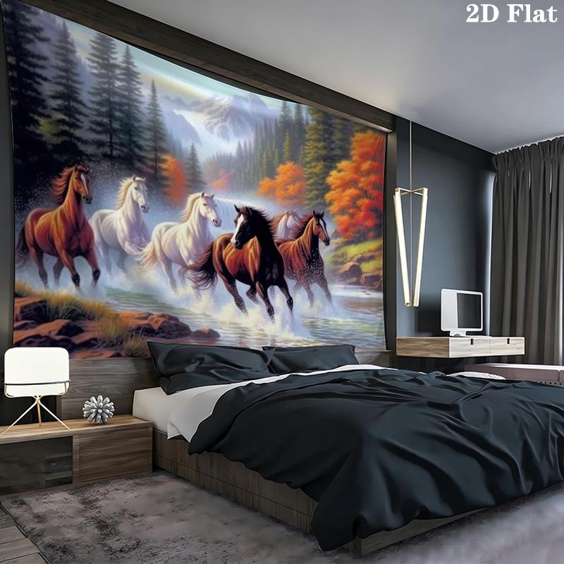 Dark Horse with Wild Flowers Tapestry, Floral Horse Portrait Art Print Wall Hanging for Bedroom Living Room Home Decor