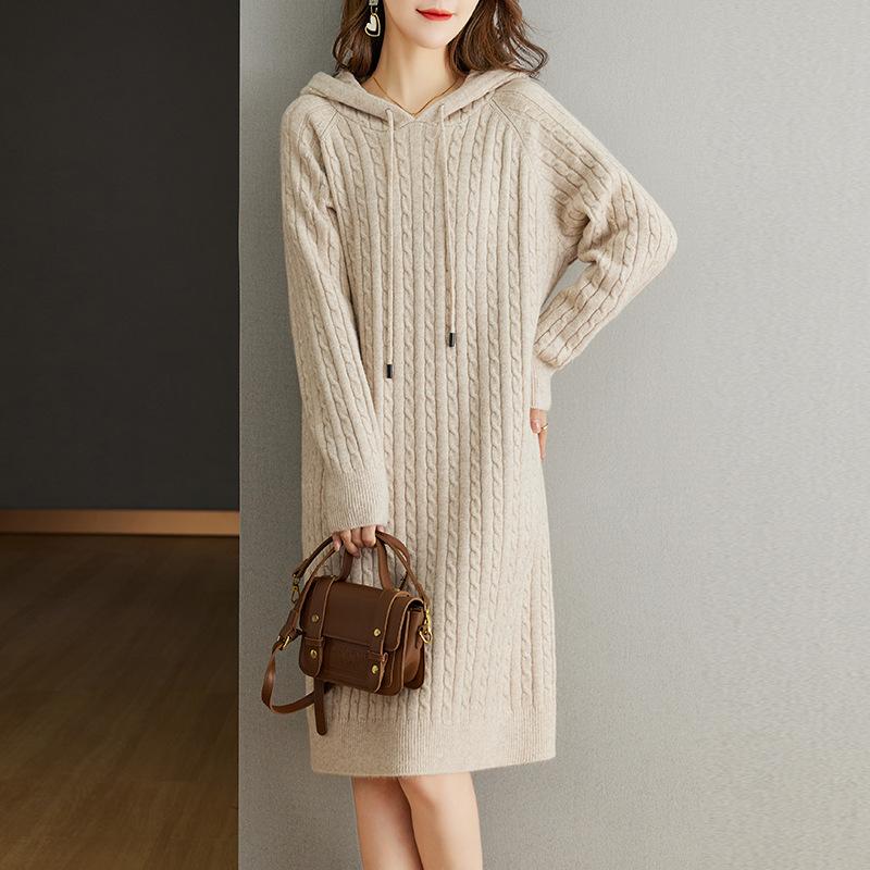 Осень и зима новый повседневный худи средней длины платье женская мода вязаный большой размер свободный пуловер свитер женский