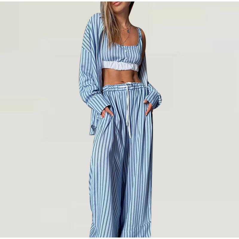 Повседневный комплект женской рубашки с полосатым лацканом, сексуальные брюки-трубы со шнуровкой и высокой талией, весенний модный элегантный женский костюм-майка в стиле пэчворк 2025 года