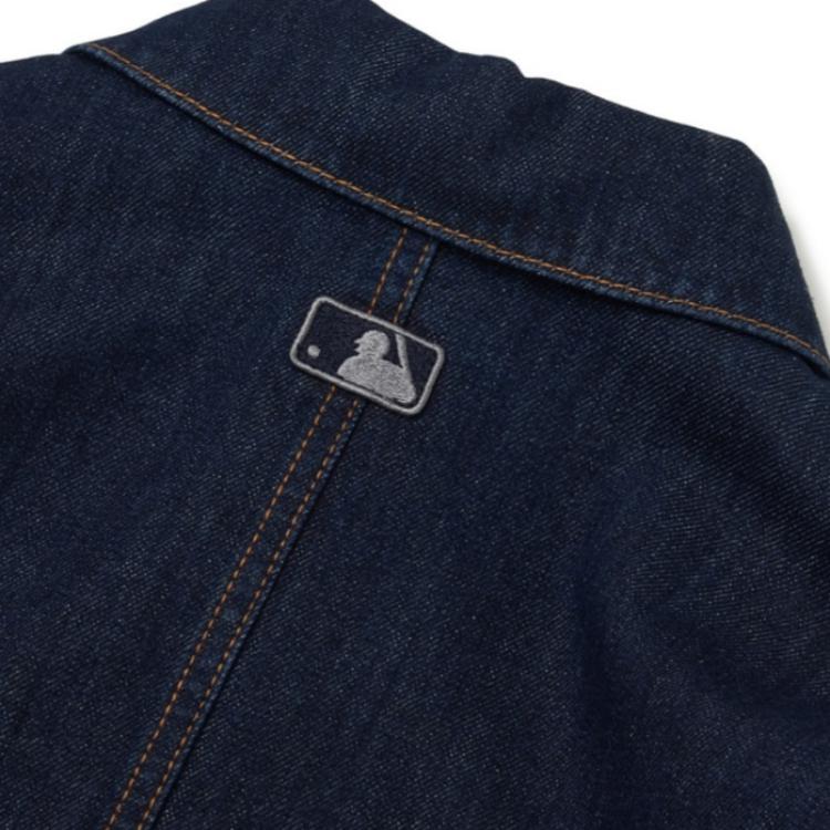 MLB Нью-Йорк Янкиз FW22 Буквенный Логотип Сердечный Узор Декоративная Поло Джинсовая Повседневная Рубашка с Длинным Рукавом Унисекс Рубашки Темно-Синий 3ADRH0124-50NYD