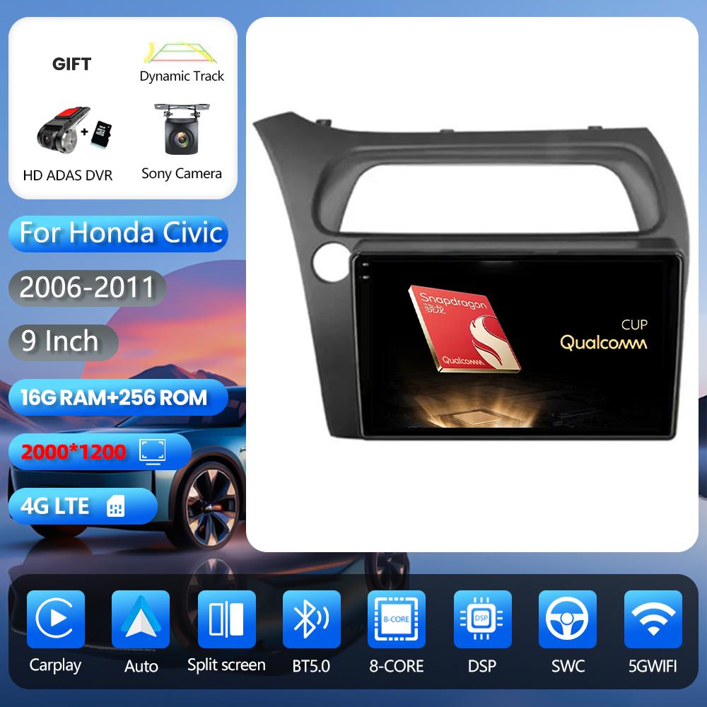 Autoradio Android 16 pour Honda Civic Hatchback 2006 - 2011 avec Carplay, Auto DAB+, lecteur multimédia et commande au volant