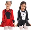 Kids Girls Sequined Modern Dance Leotard Long Sleeve Bow Tie Bodysuit with Ruffle Hem Party Fancy Dress