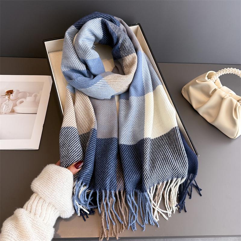 Thick Scarf Women Cashmere Plaid Tassel Winter Warm Scarves Soft Shawl Wrap Elegant Neck Scarf For Ladies Daily Wear Gift