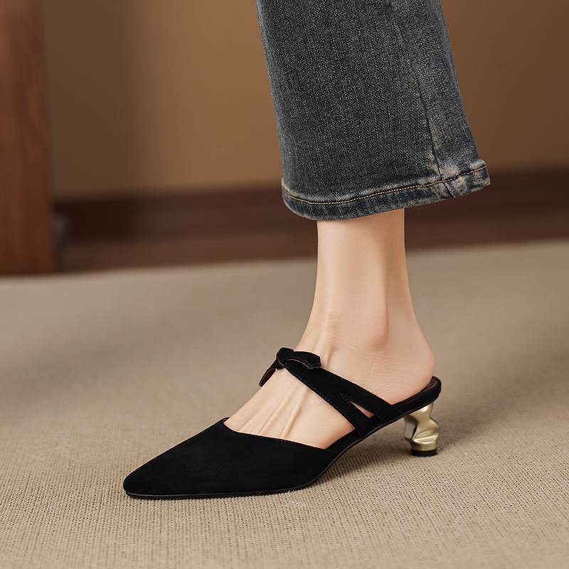 Krazing Pot Suede Butterfly-knot Mules Strange Style Med Heels Summer Size 42 Pointed Toe Slip on Women Shallow Pumps