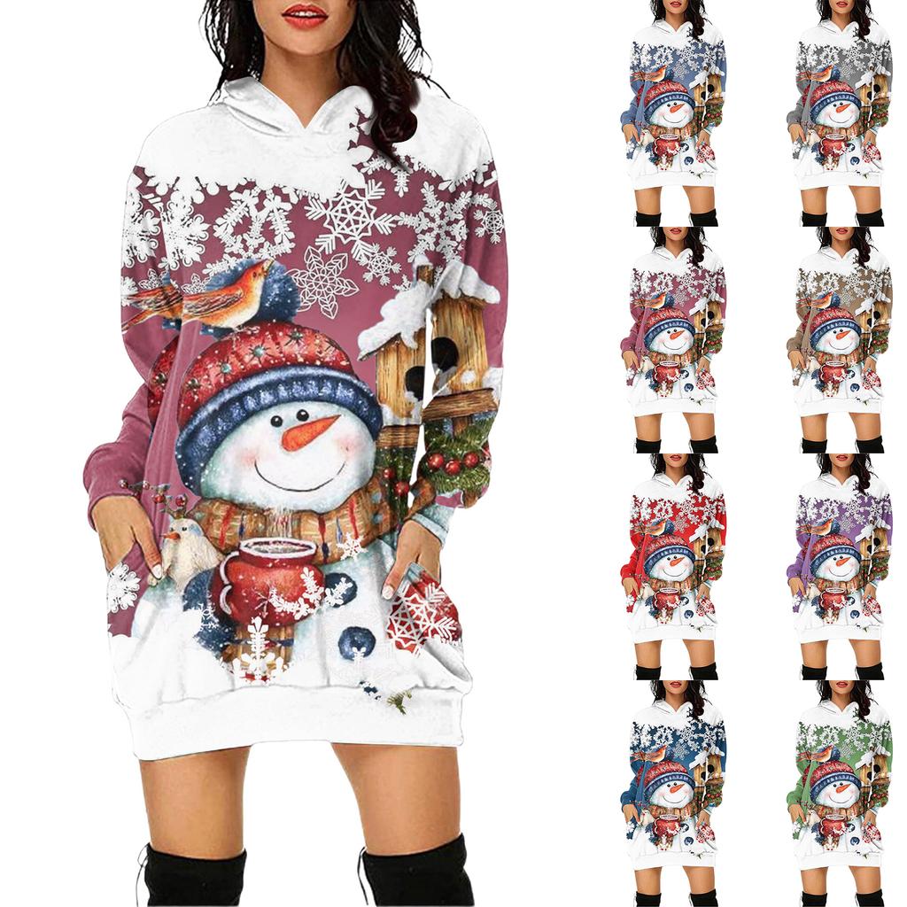 Women's Christmas Print Long-Sleeved Hooded Pocket Pullover Dress
