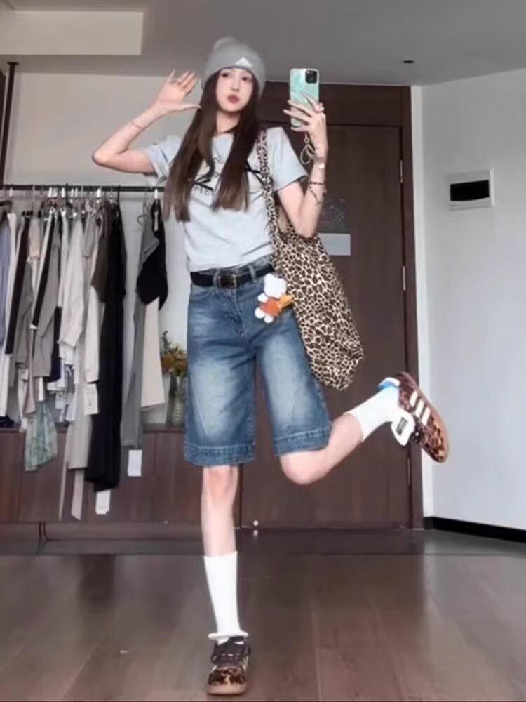 Ретро пикантные женские джинсовые шорты с низкой посадкой - Летний свободный крой 5-точечный дизайн с широкими штанинами средней длины