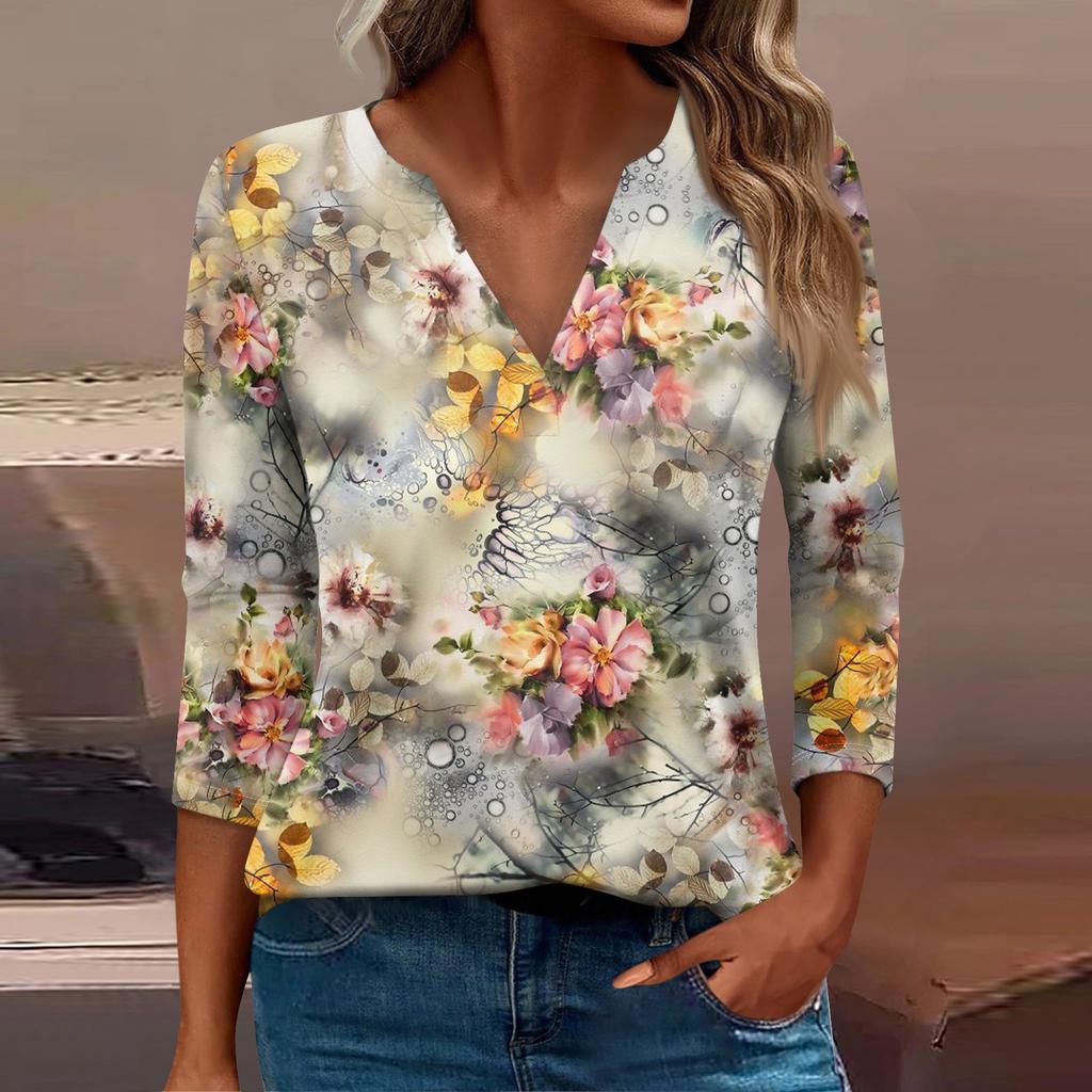 Women's T Shirt Tee Print Button  3/4 Sleeve Daily Weekend Fashion Basic V- Neck Regular Top