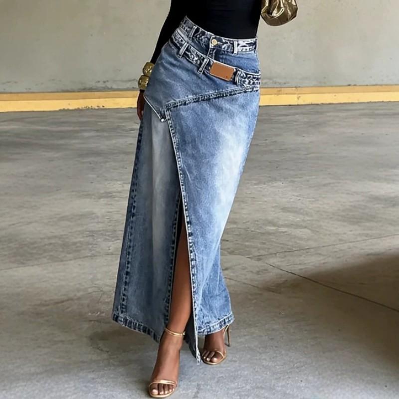 Womens Vintage Distressed High Waist Split Denim Maxi Skirt Irregular Patchwork Slim Fit Casual Long Jean