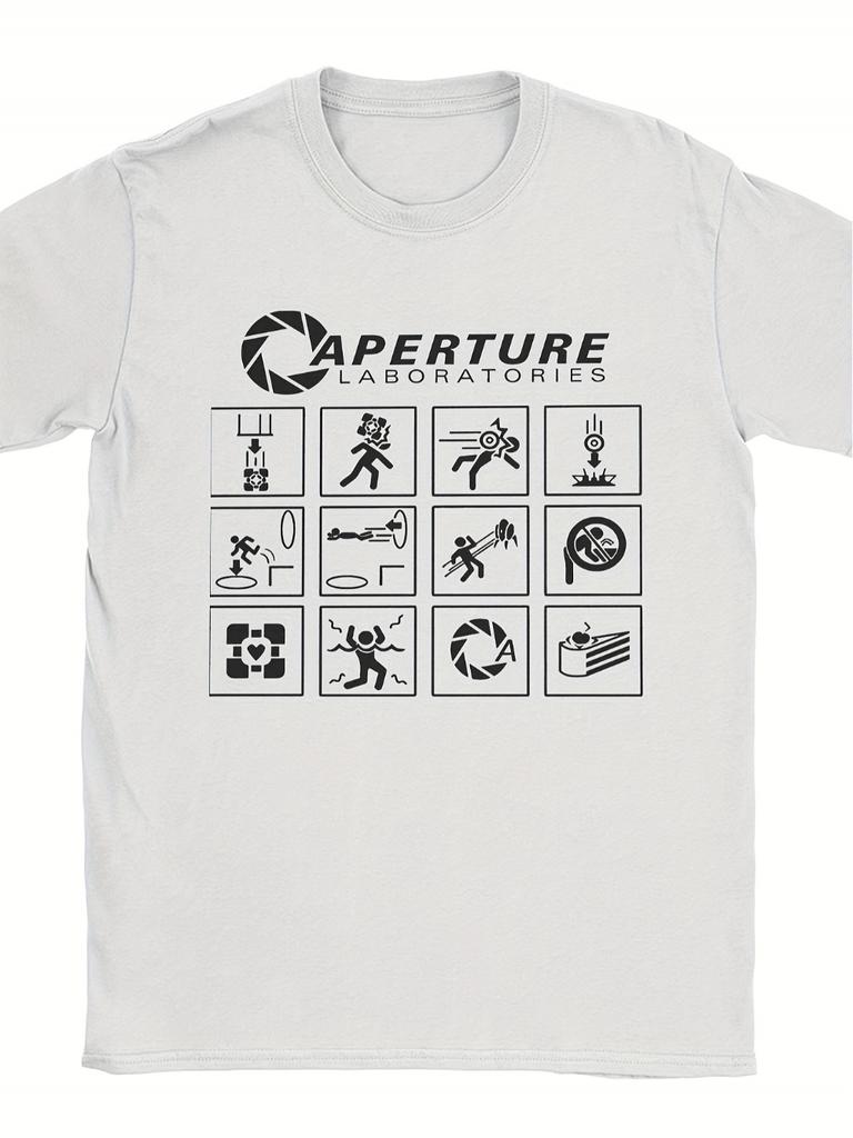 Мужская футболка с принтом Aperture Science Laboratories из игры Portal 2, белая с черными научными иконками, официальная одежда по видеоигре