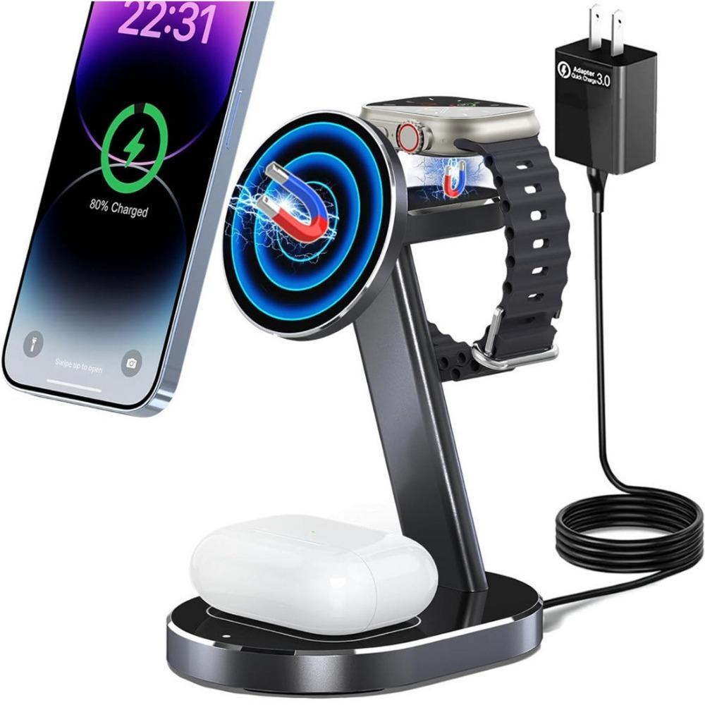 Беспроводное зарядное устройство 3-в-1 из алюминиевого сплава, настольная подставка, подходит для беспроводной зарядки наушников iPhone Watch