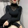 Women Half High Neck Lace Stitching Hollow Sweater Slim Inner Wear Knitted Bottoming Shirt Female Tops Autumn and Winter