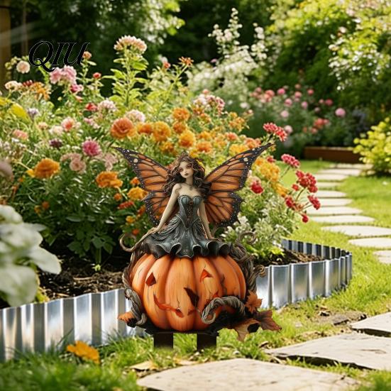 Festive Garden Stake Pumpkin Fairy Stake, 2D Acrylic Butterfly Wing Yard Art Waterproof Outdoor Halloween Decoration for Lawn Patio