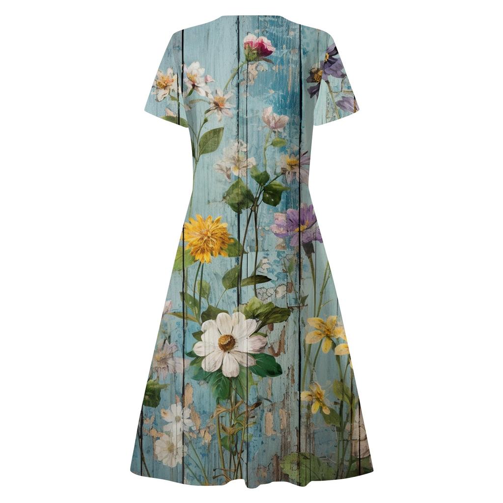 Летние повседневные платья для женщин, свободный сарафан с коротким рукавом, платье-футболка с цветочным принтом