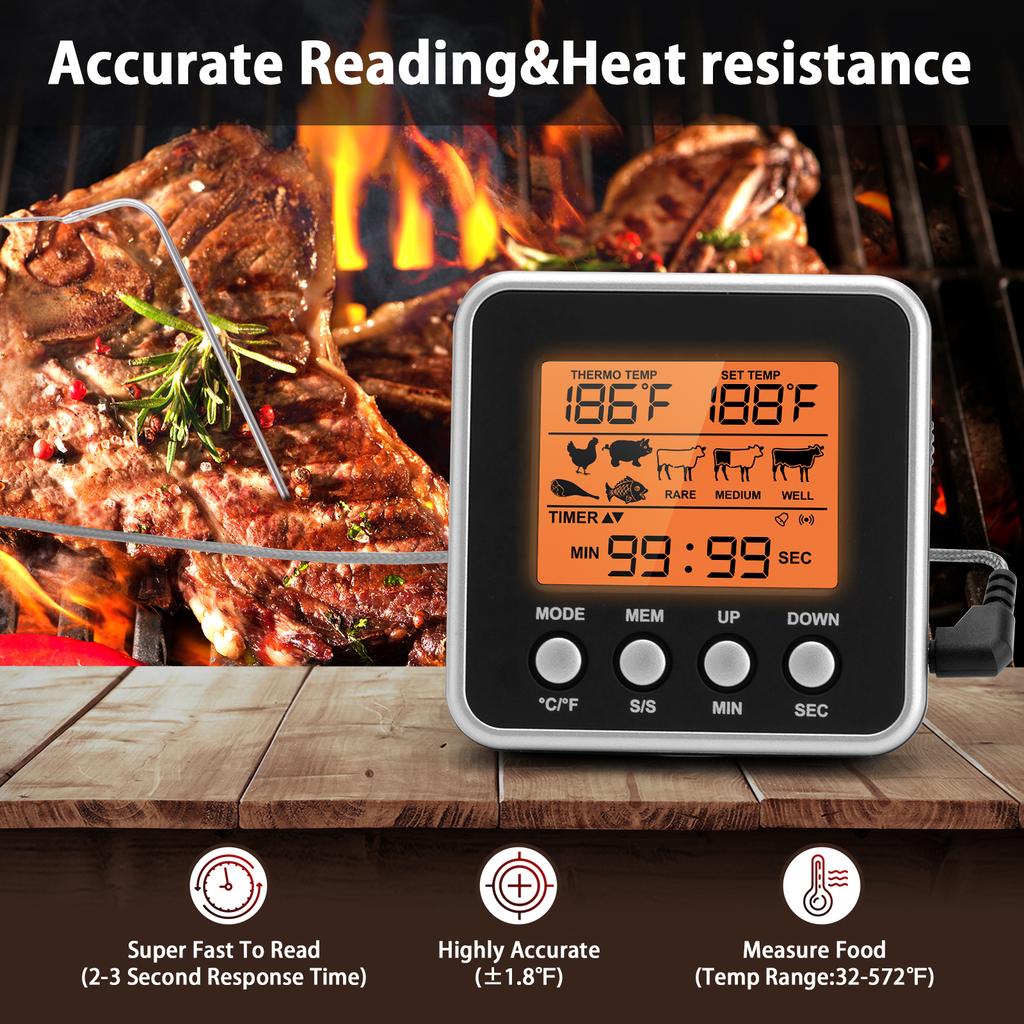 Digital Meat Thermometer Smoker Candy Food BBQ Cooking Thermometer for Grilling Oven Deep Fry with Smart Kitchen Timer Mode
