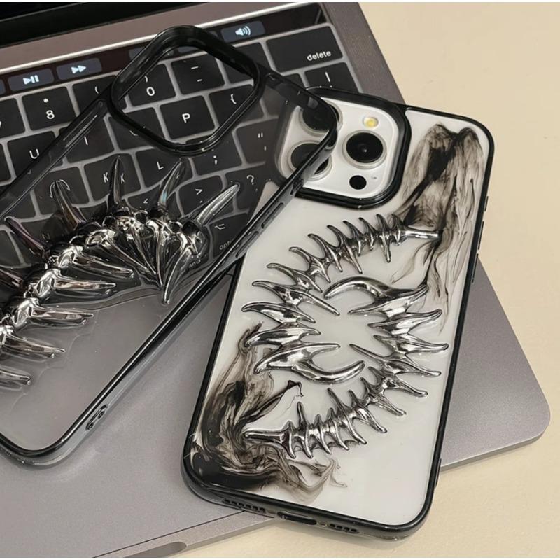 INS 3D Металлическая рыбья кость Прозрачный чехол для телефона Для iPhone 17 16 15 13 14 12 11 Pro Max Панк Шик Защита камеры Мягкий силиконовый чехол