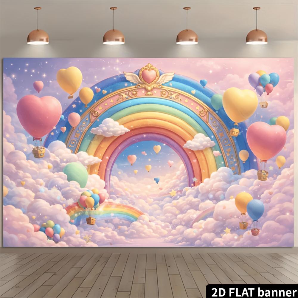 2D plane rainbow heart arch-shaped hot air balloon background fabric dreamy clouds macaron balloons