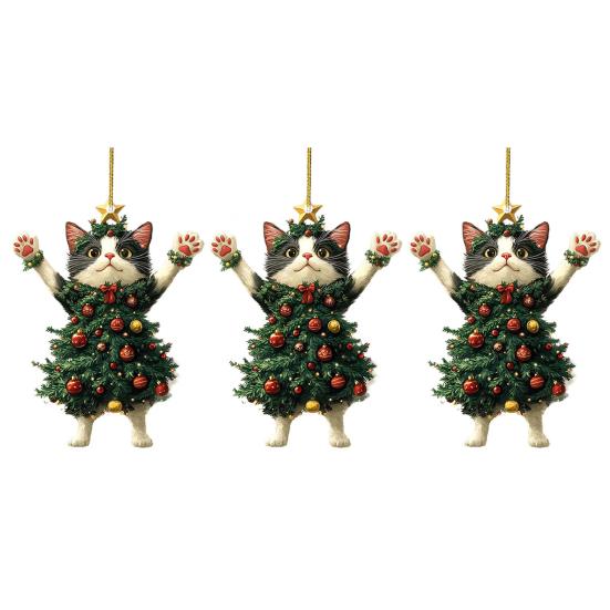 Christmas Cat In Christmas Tree Acrylic Hanging Ornament 2D Flat Car Rearview Mirror Charm Holiday Gifts for Cat Lovers