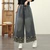 Ethnic Style Autumn Winter Women Wide Leg Jeans Elastic Waist Embroidery Casual Loose Denim Pants Vintage Ladies' Jeans With Pockets