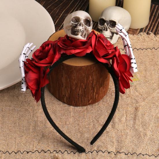 Halloween Flower Headband for Women Gothic Rose Skull Skeleton Hand Headpiece Floral Cosplay Dress-up Accessory for Halloween Parties Events