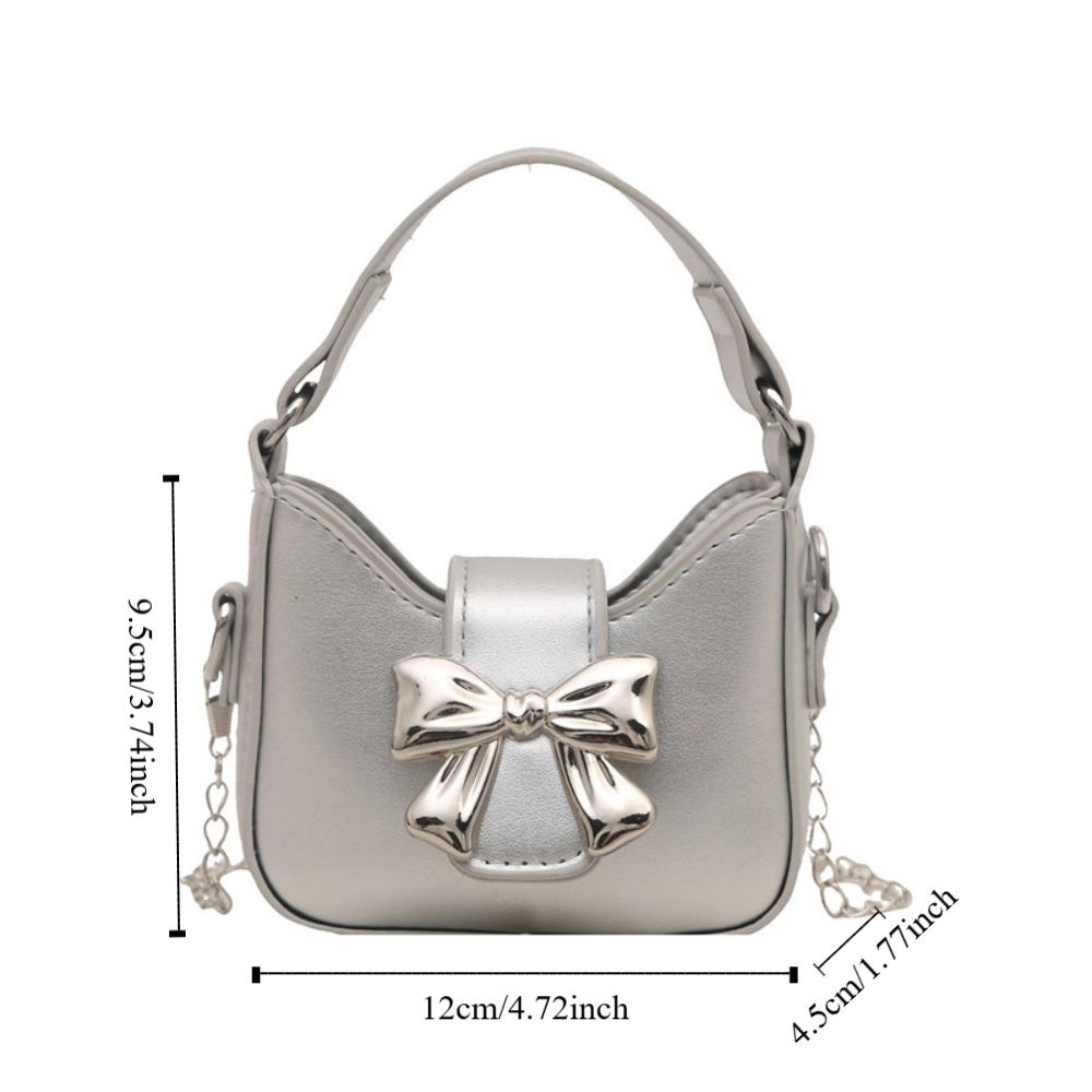 Pu Leather Bow Buckle PU Bag Mini Women's Shoulder Bag Simple Silver Bucket Bag Women