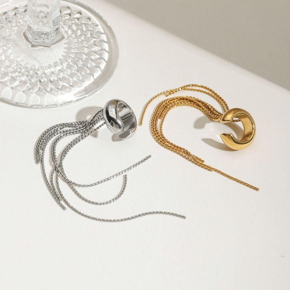Golded C Shape Ear Cuff Stainless Steel Tassel Earrings Retro Gold Jewelry  Travel