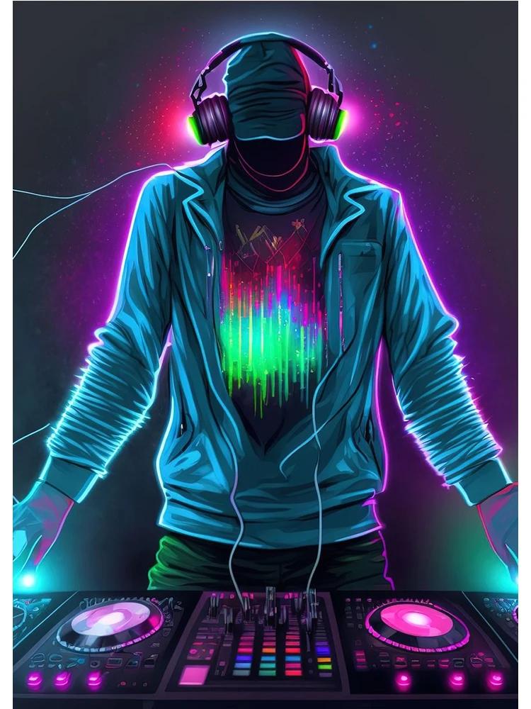 Неоновый дизайн, музыка, крутой DJ, постер для наушников, холст, картины, абстрактное настенное искусство для бара, клубной комнаты, домашний декор, без рамки, без светодиода