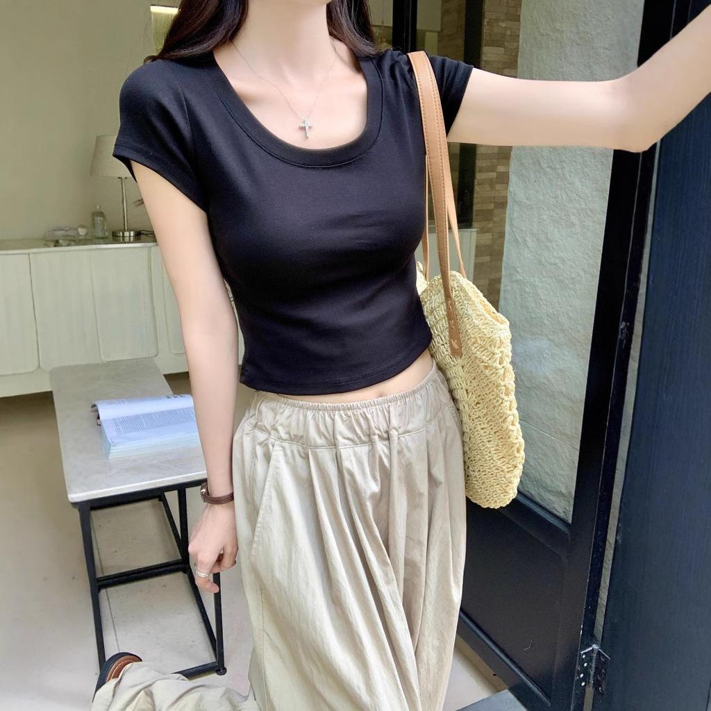 Футболка из чистого хлопка с U-образным вырезом спереди и короткими рукавами для женщин, летняя, новая, маленькая, короткая, облегающая, топ