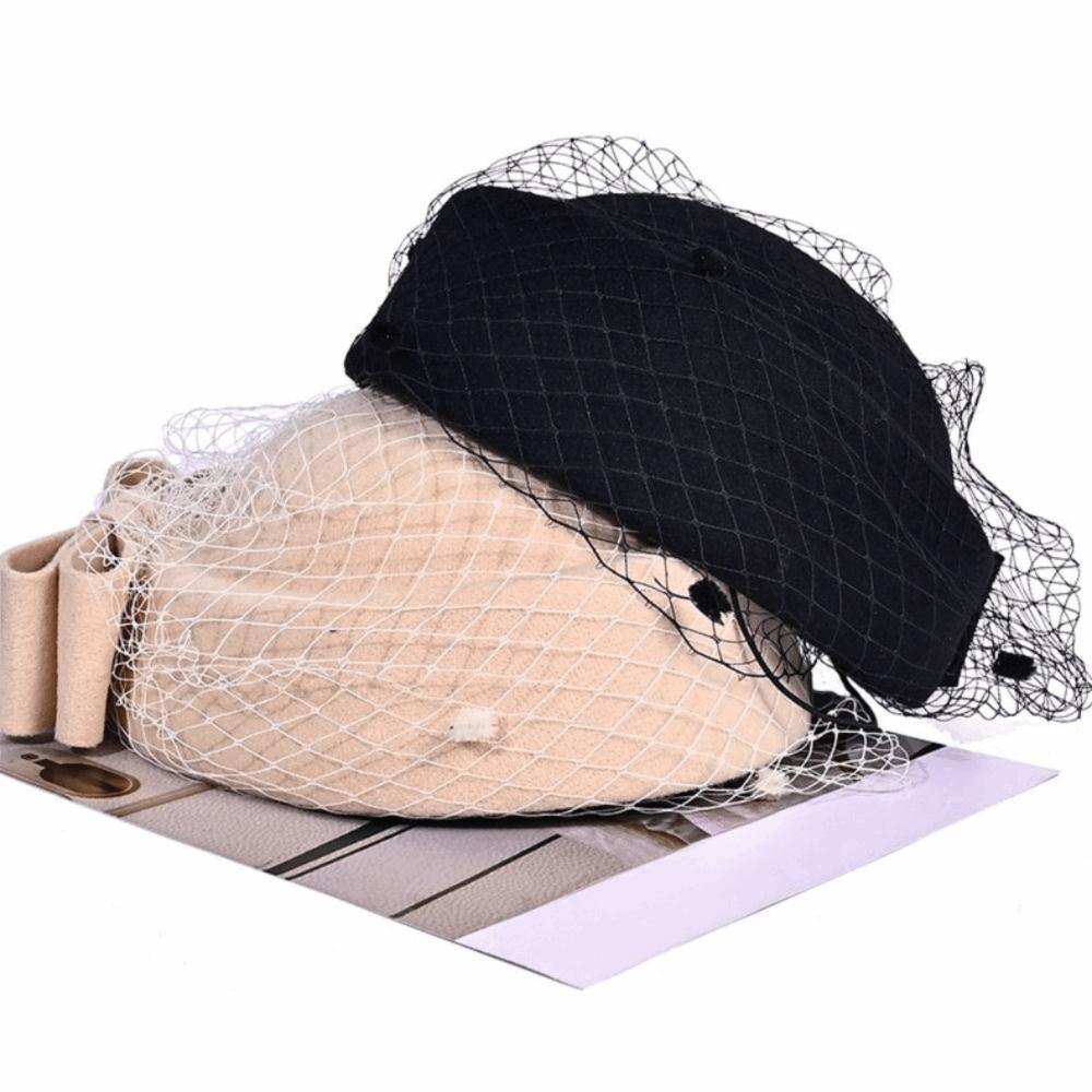 British Style Pillbox Hat Solid Color Topper Hat Elegant Wool Bow Hat with Veil  Bride