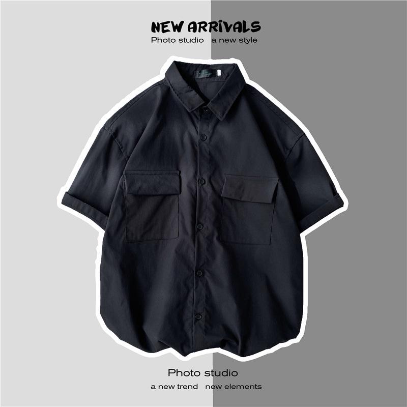 Мужская повседневная рубашка в гонконгском стиле с коротким рукавом и двойными карманами