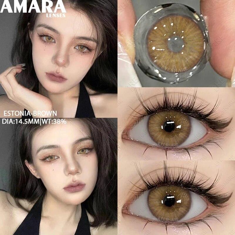 Цветные контактные линзы AMARA для глаз, голубые глаза, зеленые линзы, корейские модные серые линзы для больших глаз, линзы 14,5 мм, ежегодно, 2 шт./пара