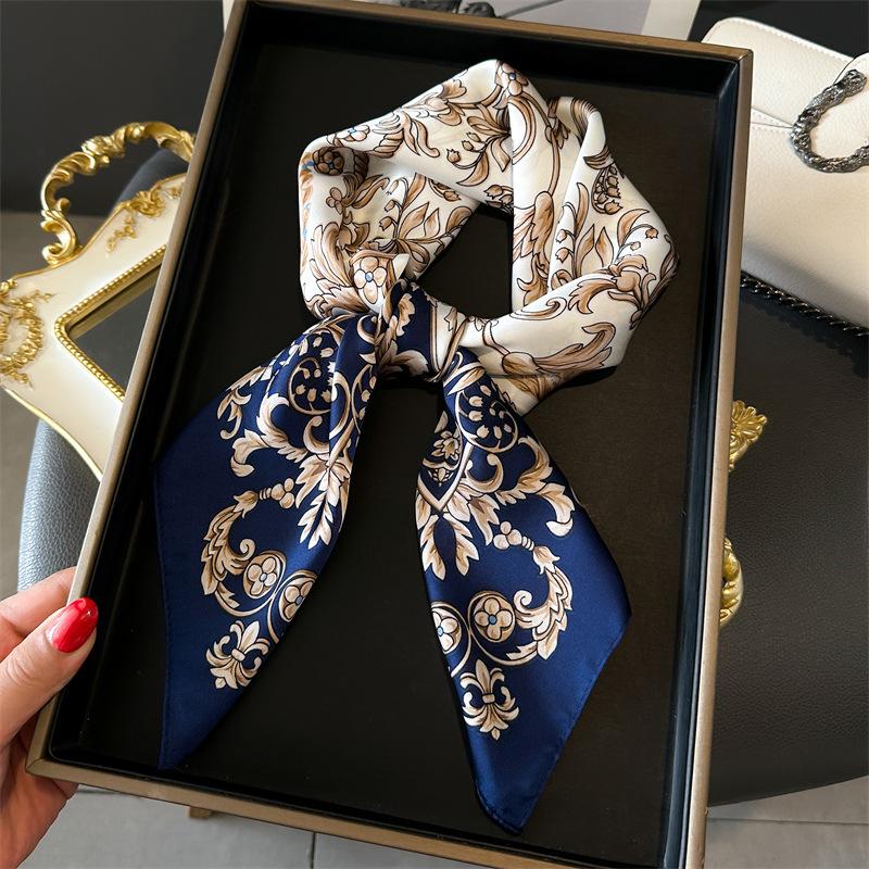 Spring/Summer New70*70cm Square Scarf Breathable Flower Print Neckerchief Women’s Classical Imitation Silk Bandannas